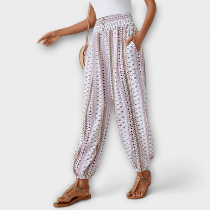 Effortless Boho Print Pants for Women with High Waist Button Front Tapered Ankle Cuff Flowing Style
