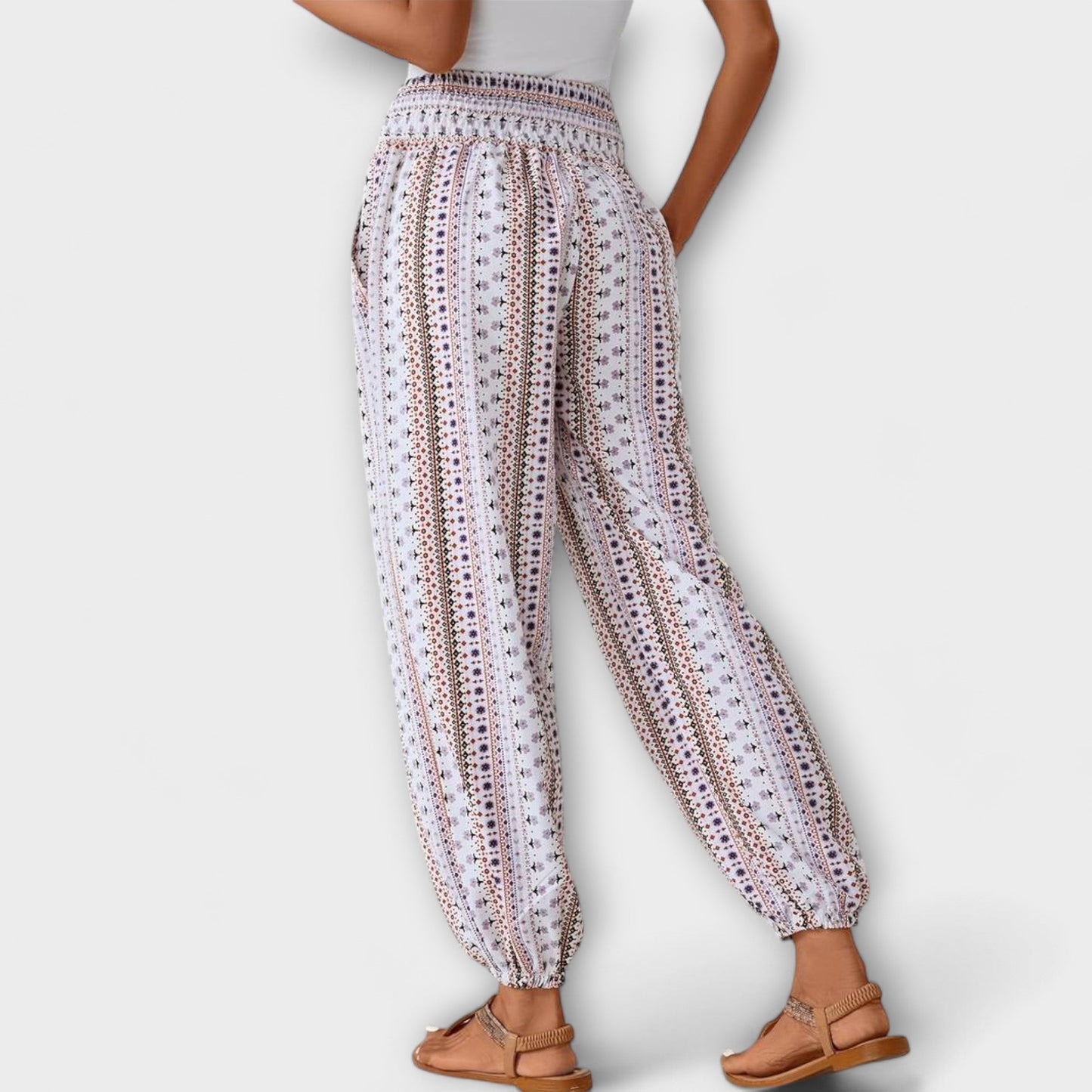 Effortless Boho Print Pants for Women with High Waist Button Front Tapered Ankle Cuff Flowing Style