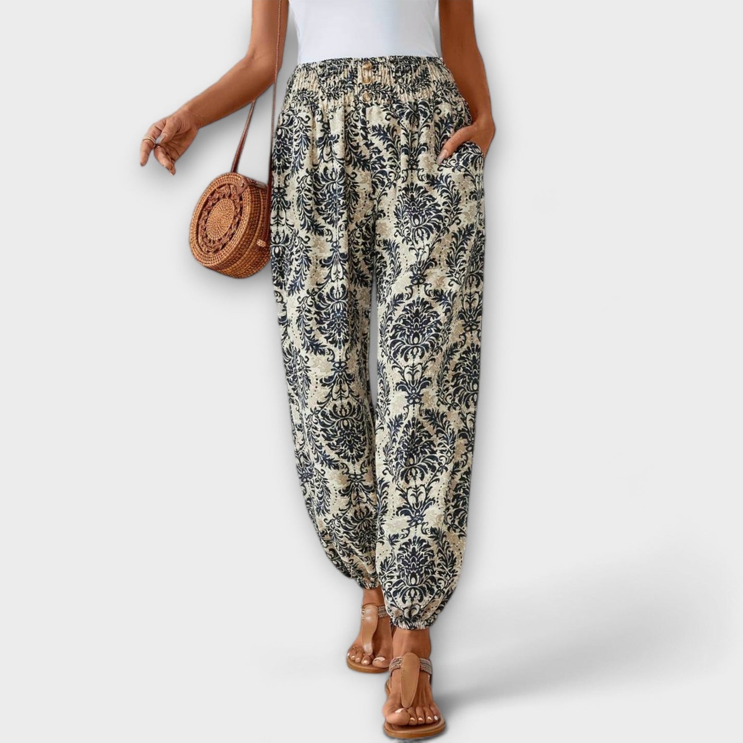 Effortless Boho Print Pants for Women with High Waist Button Front Tapered Ankle Cuff Flowing Style