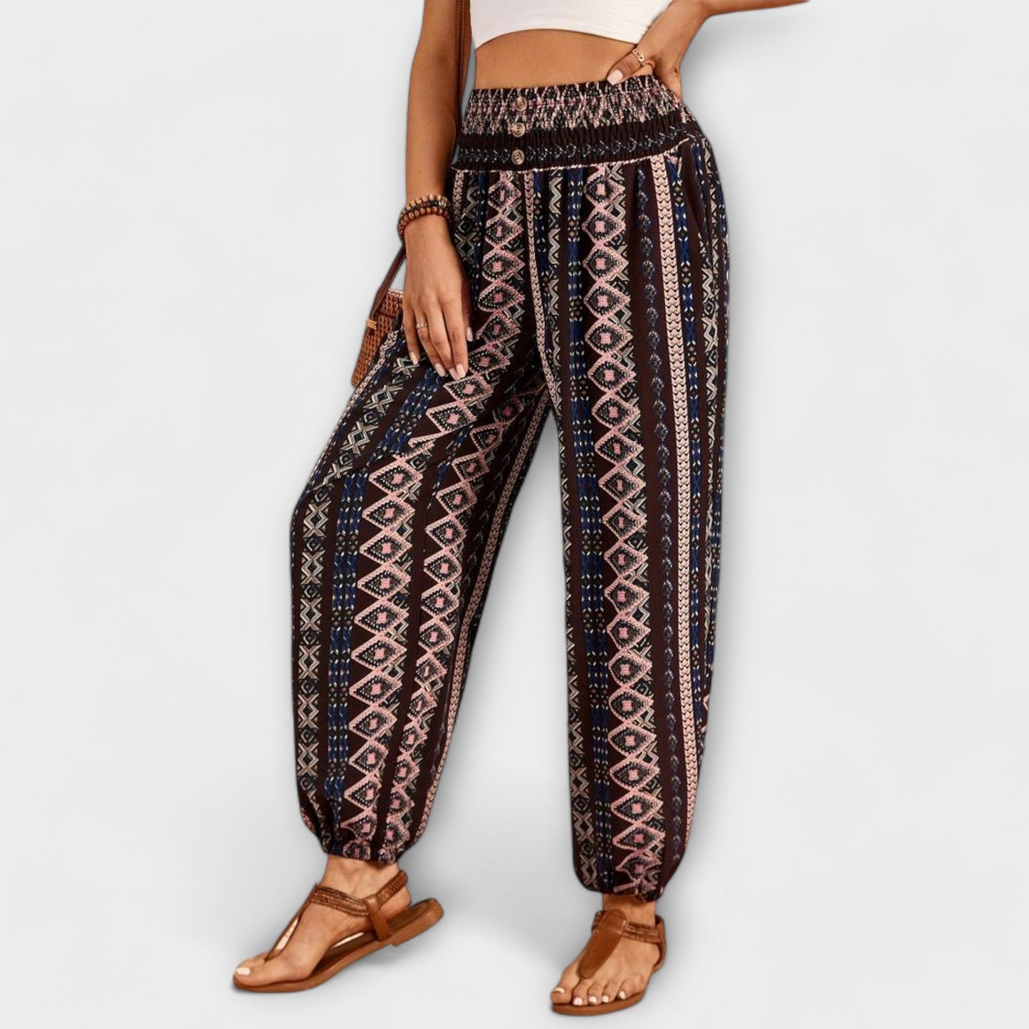 Effortless Boho Print Pants for Women with High Waist Button Front Tapered Ankle Cuff Flowing Style