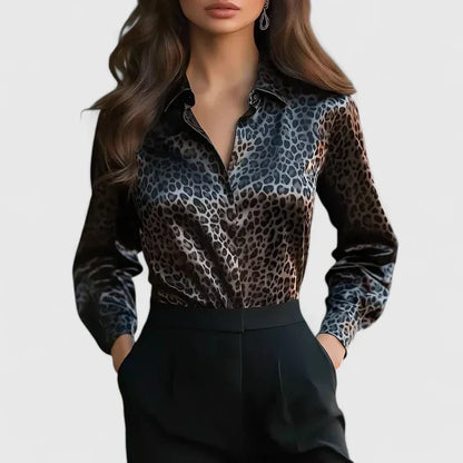 Elegant Animal Print Satin Blouse for Women with Collar Long Sleeve Button Front Silky Style