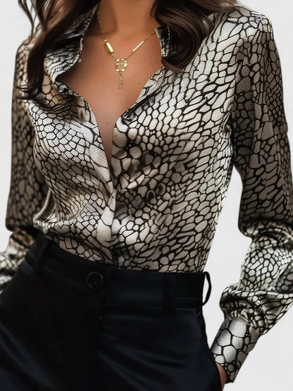 Elegant Animal Print Satin Blouse for Women with Collar Long Sleeve Button Front Silky Style