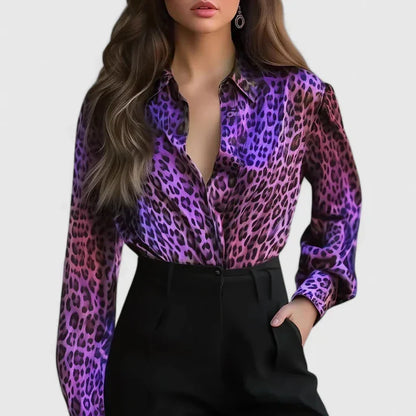 Elegant Animal Print Satin Blouse for Women with Collar Long Sleeve Button Front Silky Style